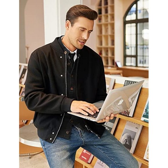 MEN'S Cardigan Sweater Slim Fit Stand Collar Cardigan Casual, Black - Picture 3 of 7